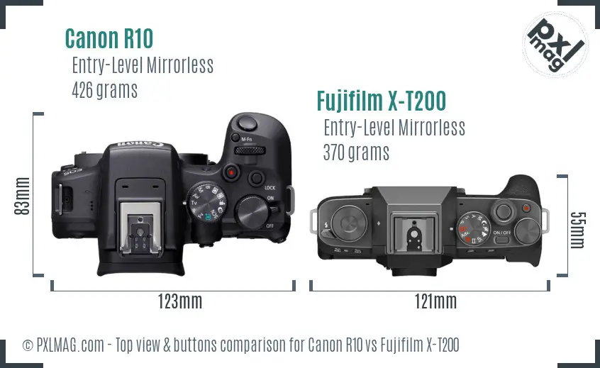 Canon R10 vs Fujifilm X-T200 top view buttons comparison