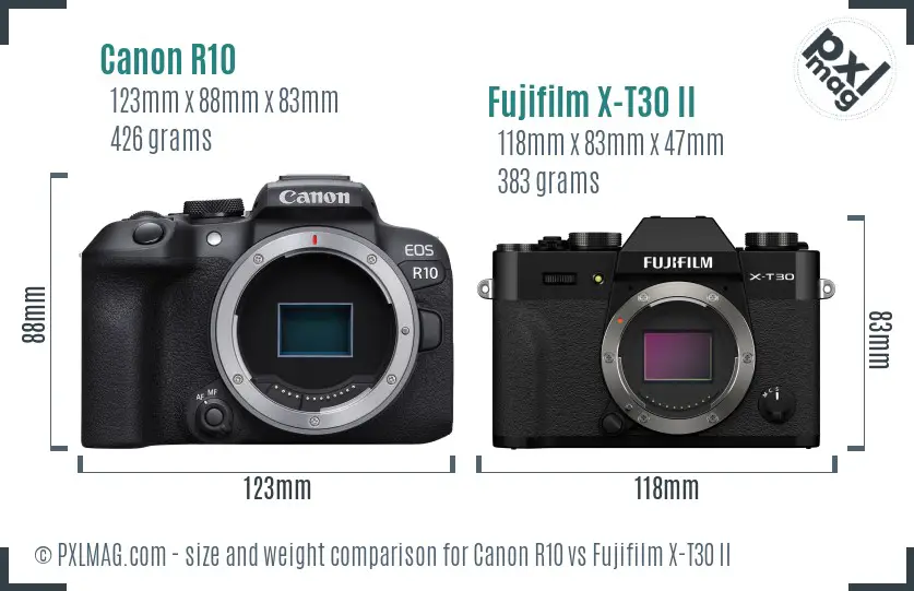 Canon R10 vs Fujifilm X-T30 II size comparison