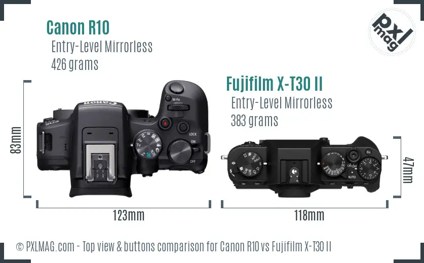 Canon R10 vs Fujifilm X-T30 II top view buttons comparison