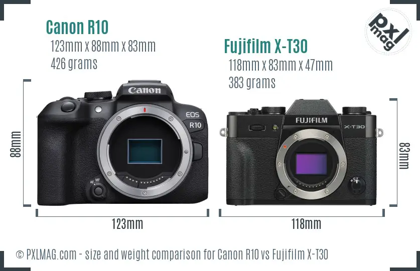 Canon R10 vs Fujifilm X-T30 size comparison