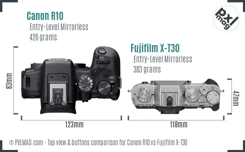 Canon R10 vs Fujifilm X-T30 top view buttons comparison