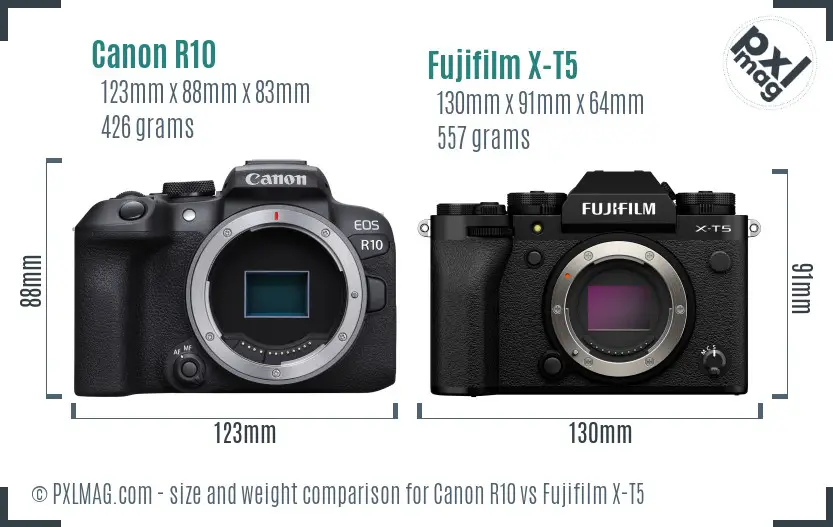 Canon R10 vs Fujifilm X-T5 size comparison