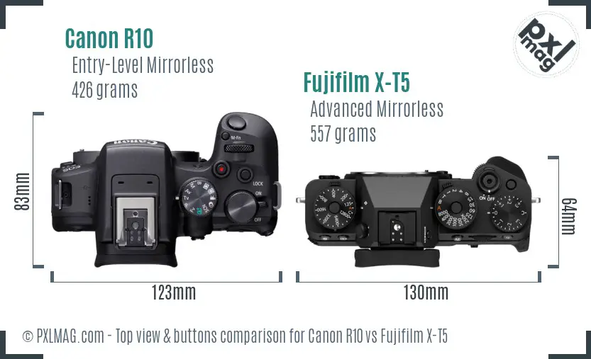 Canon R10 vs Fujifilm X-T5 top view buttons comparison