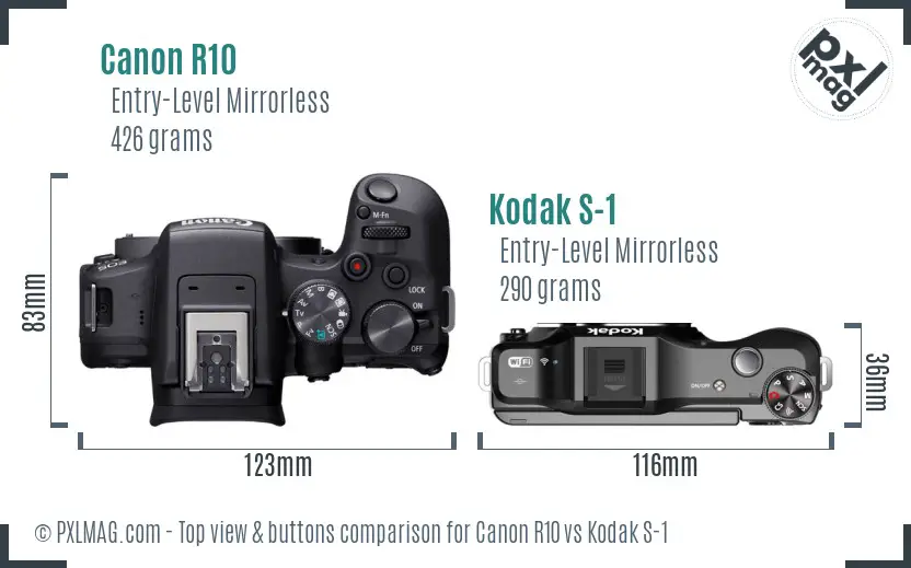 Canon R10 vs Kodak S-1 top view buttons comparison Canon R10 vs Kodak S-1 top view buttons comparison