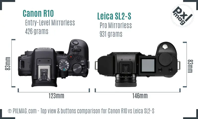 Canon R10 vs Leica SL2-S top view buttons comparison