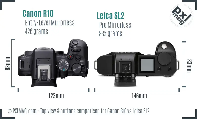 Canon R10 vs Leica SL2 top view buttons comparison