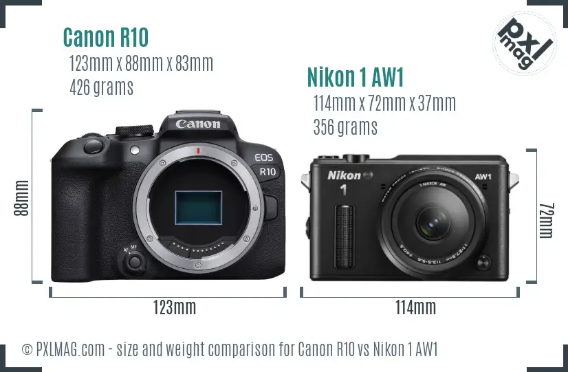 Canon R10 vs Nikon 1 AW1 size comparison