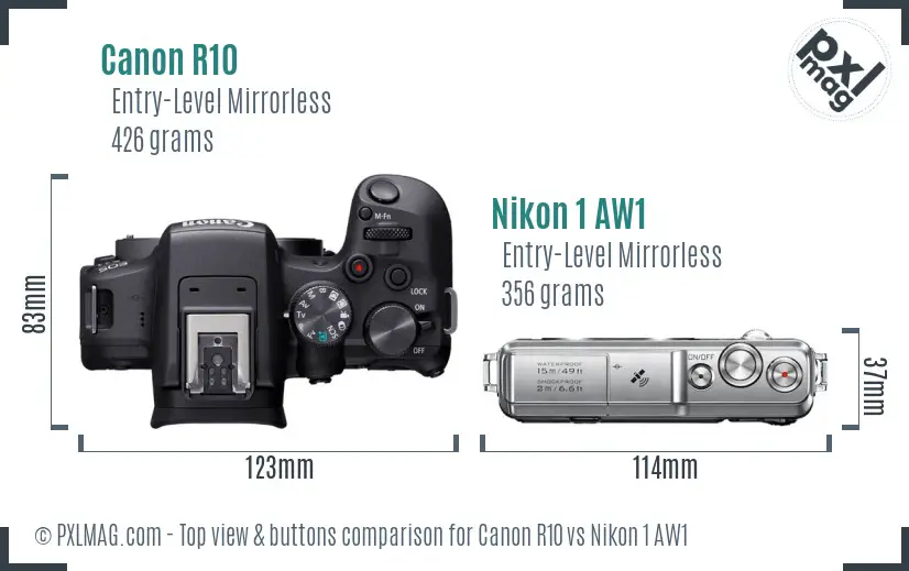 Canon R10 vs Nikon 1 AW1 top view buttons comparison