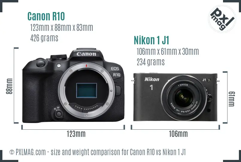 Canon R10 vs Nikon 1 J1 size comparison