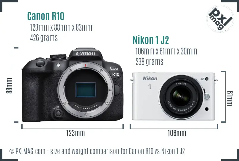 Canon R10 vs Nikon 1 J2 size comparison
