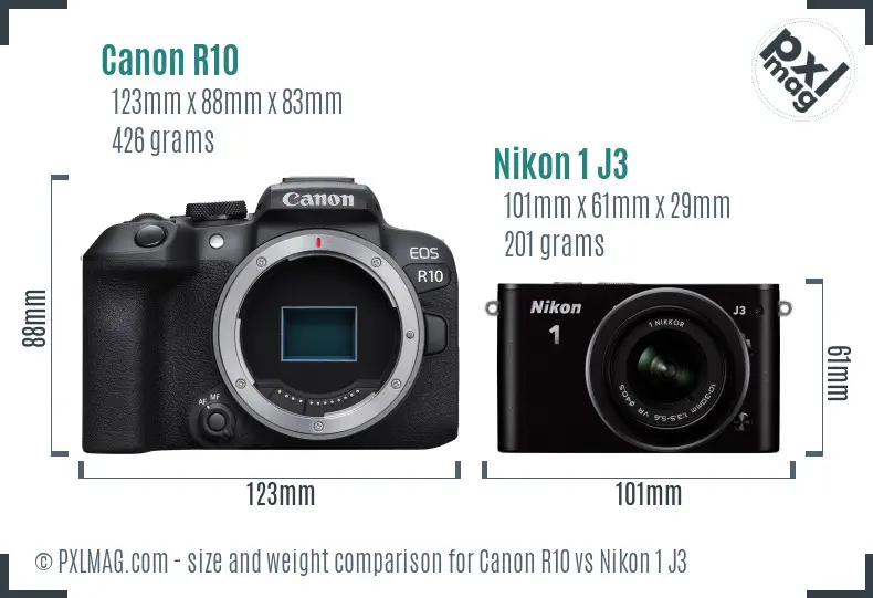 Canon R10 vs Nikon 1 J3 size comparison