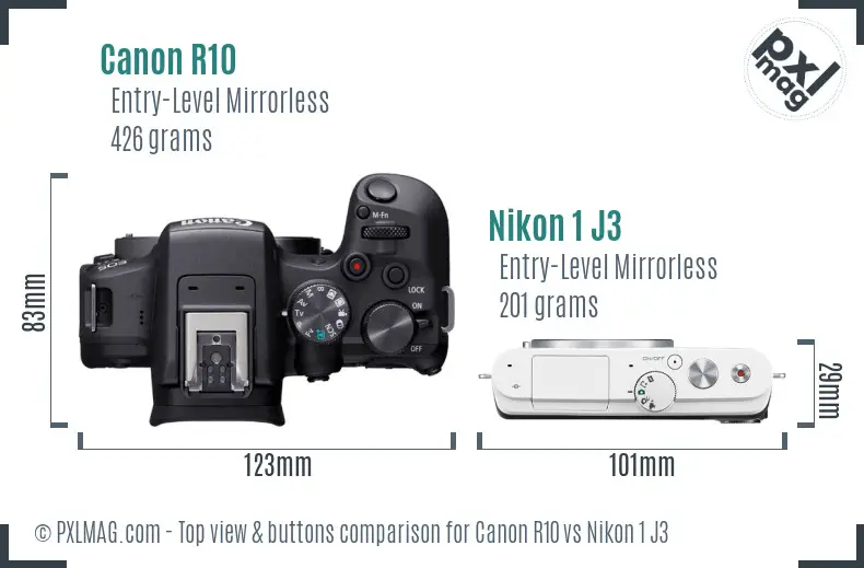 Canon R10 vs Nikon 1 J3 top view buttons comparison