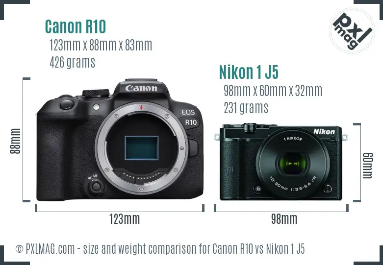 Canon R10 vs Nikon 1 J5 size comparison