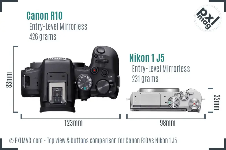 Canon R10 vs Nikon 1 J5 top view buttons comparison