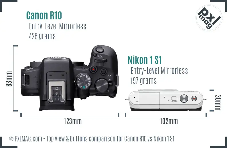 Canon R10 vs Nikon 1 S1 top view buttons comparison