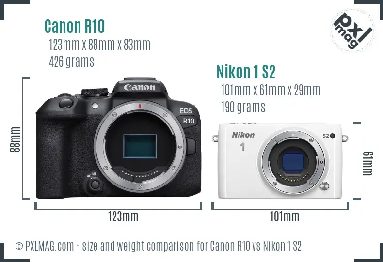 Canon R10 vs Nikon 1 S2 size comparison