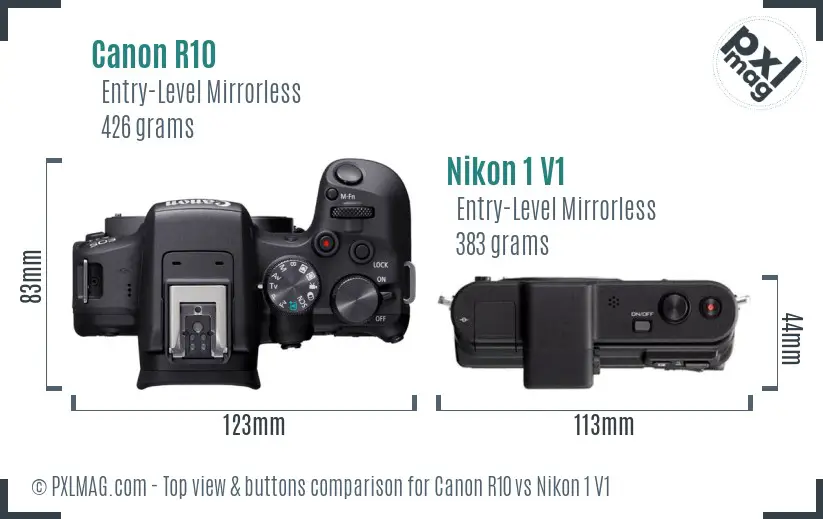 Canon R10 vs Nikon 1 V1 top view buttons comparison Canon R10 vs Nikon 1 V1 top view buttons comparison