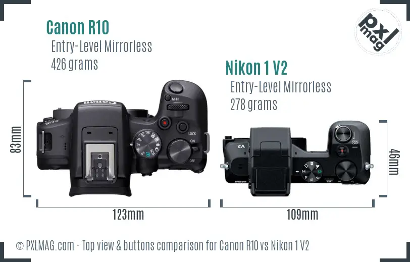 Canon R10 vs Nikon 1 V2 top view buttons comparison