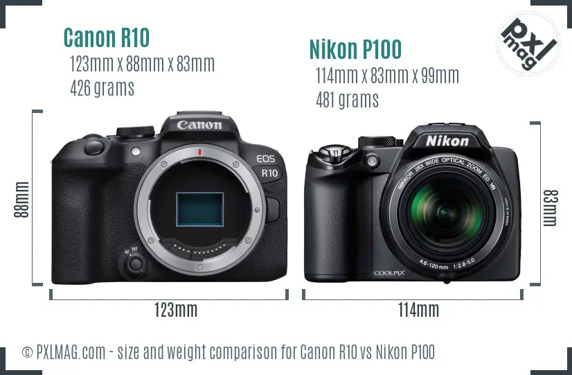 Canon R10 vs Nikon P100 size comparison Canon R10 vs Nikon P100 size comparison