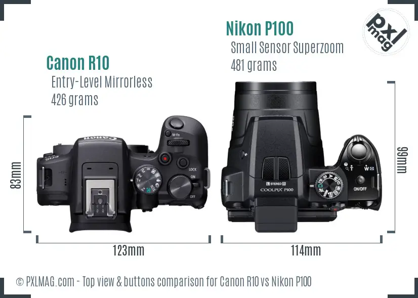 Canon R10 vs Nikon P100 top view buttons comparison Canon R10 vs Nikon P100 top view buttons comparison