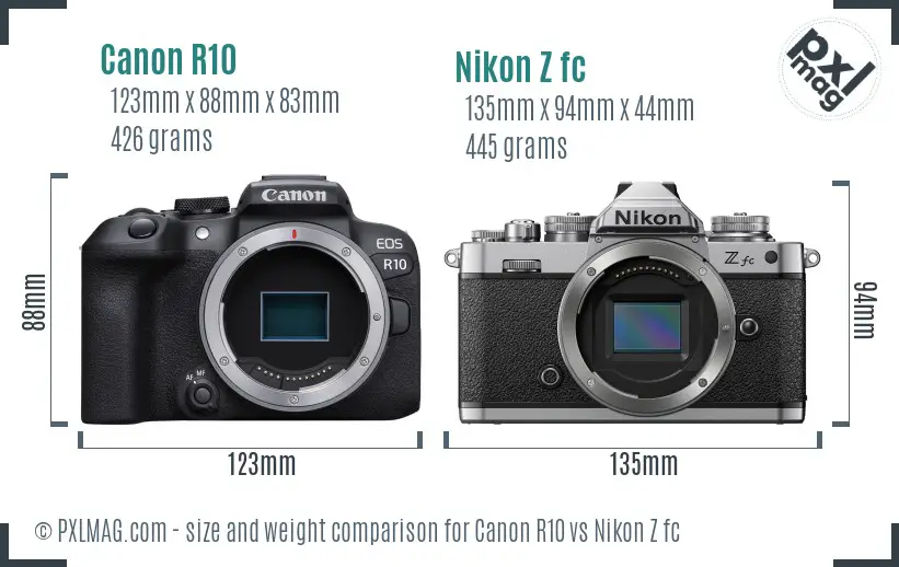 Canon R10 vs Nikon Z fc size comparison