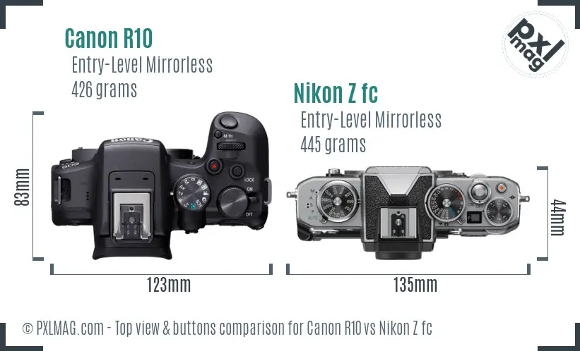Canon R10 vs Nikon Z fc top view buttons comparison