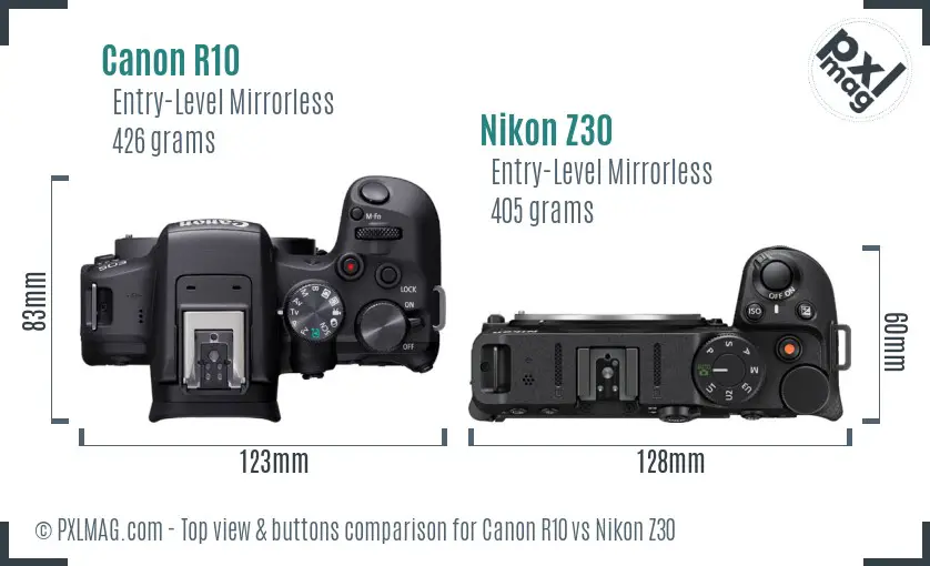 Canon R10 vs Nikon Z30 top view buttons comparison