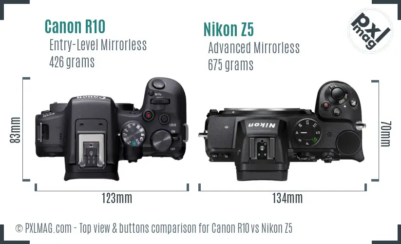 Canon R10 vs Nikon Z5 top view buttons comparison