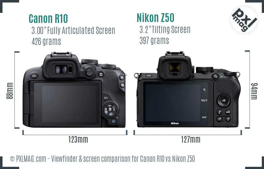 Canon R10 vs Nikon Z50 Screen and Viewfinder comparison