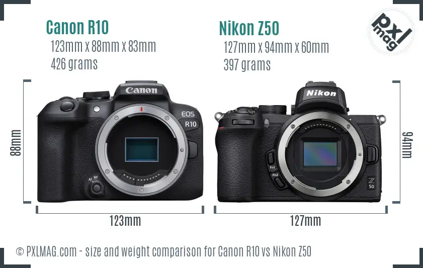 Canon R10 vs Nikon Z50 size comparison