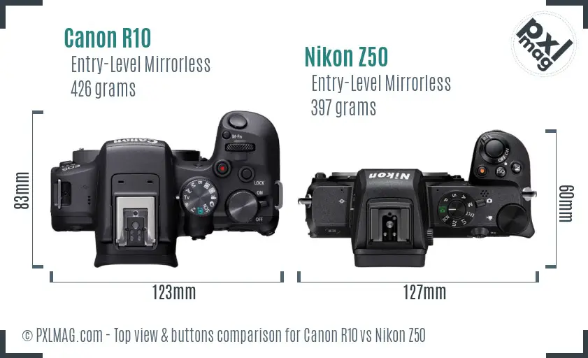 Canon R10 vs Nikon Z50 top view buttons comparison