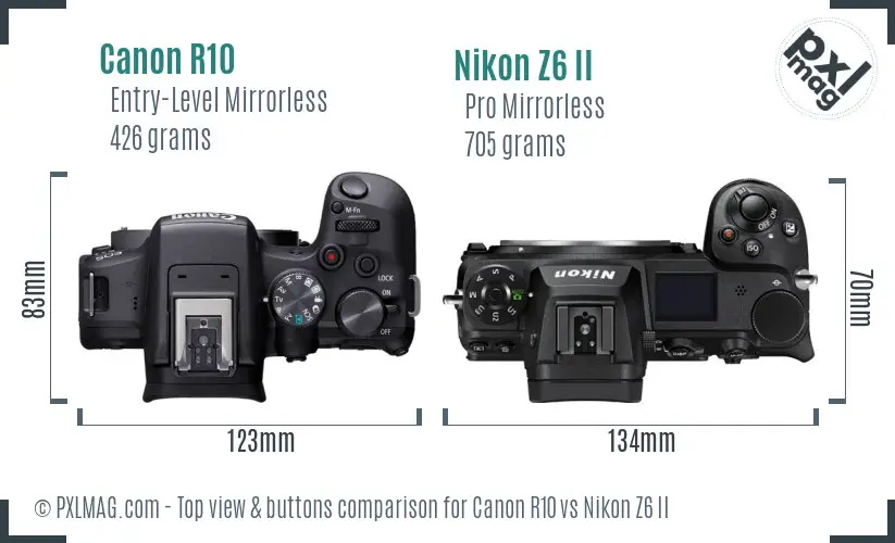 Canon R10 vs Nikon Z6 II top view buttons comparison