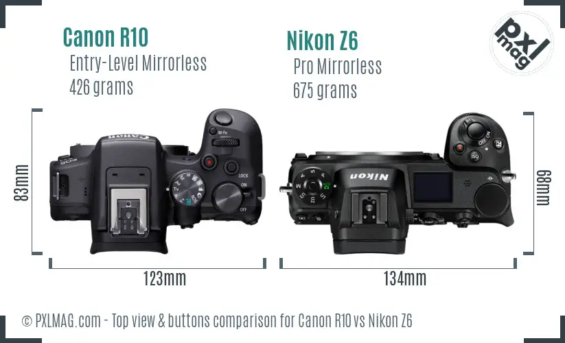 Canon R10 vs Nikon Z6 top view buttons comparison