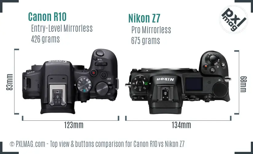 Canon R10 vs Nikon Z7 top view buttons comparison