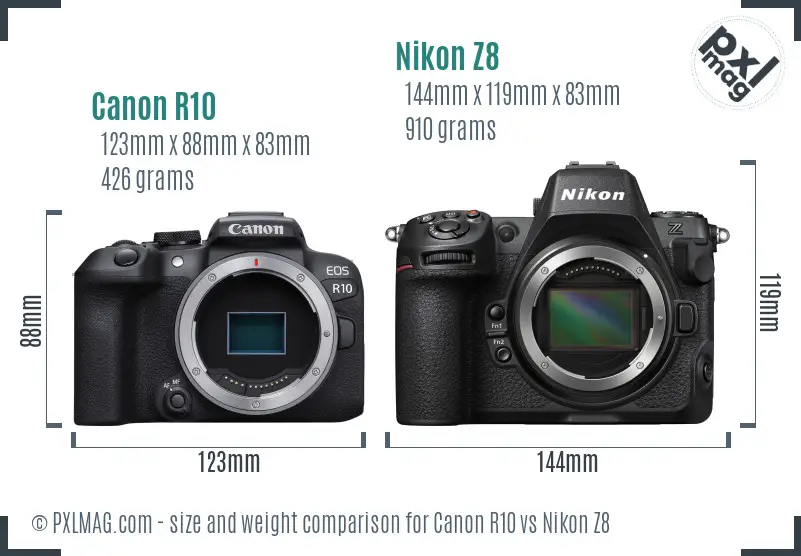 Canon R10 vs Nikon Z8 size comparison