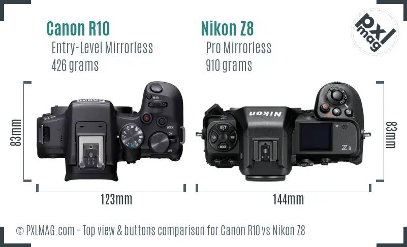 Canon R10 vs Nikon Z8 top view buttons comparison
