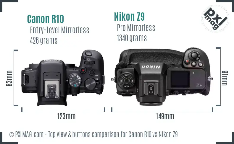 Canon R10 vs Nikon Z9 top view buttons comparison