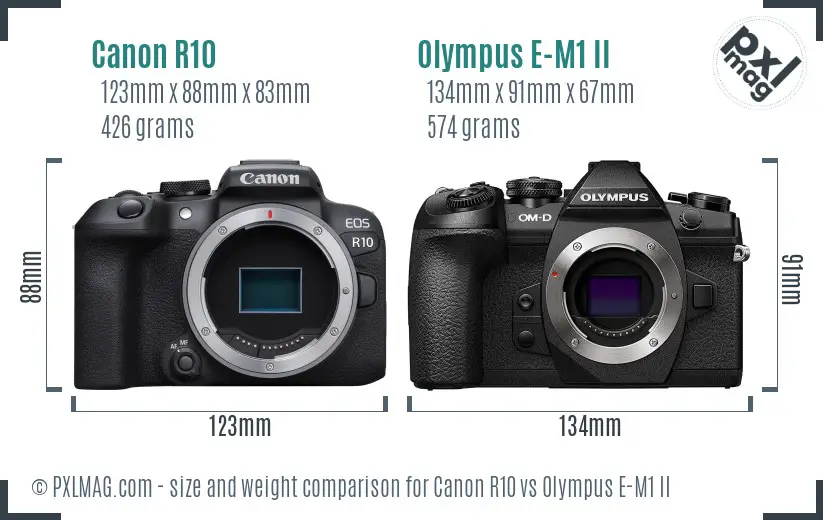 Canon R10 vs Olympus E-M1 II size comparison