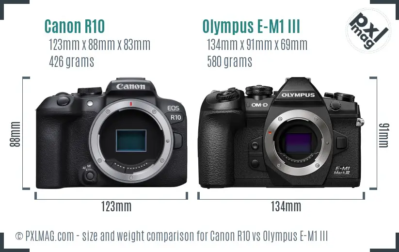Canon R10 vs Olympus E-M1 III size comparison