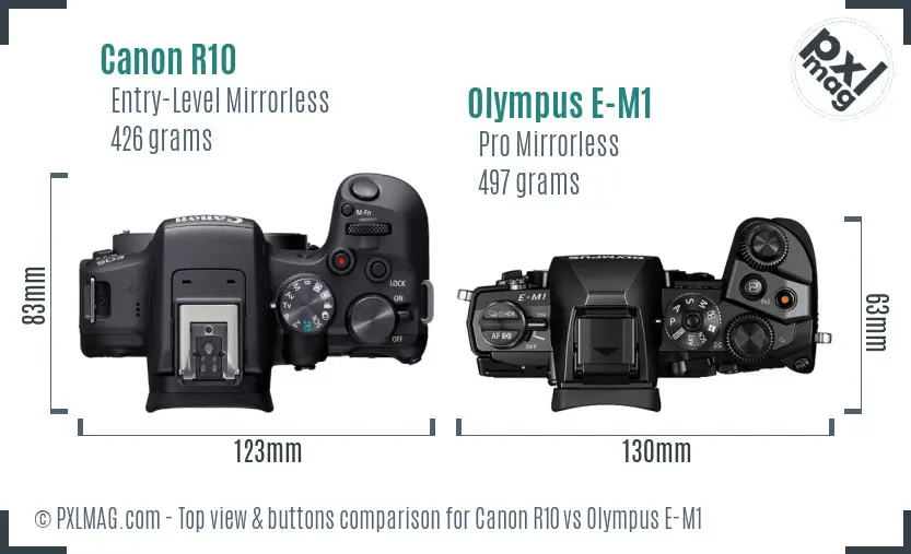 Canon R10 vs Olympus E-M1 top view buttons comparison Canon R10 vs Olympus E-M1 top view buttons comparison