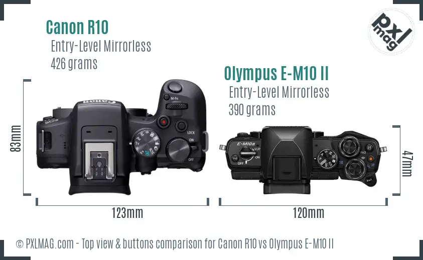 Canon R10 vs Olympus E-M10 II top view buttons comparison