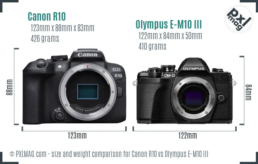 Canon R10 vs Olympus E-M10 III size comparison