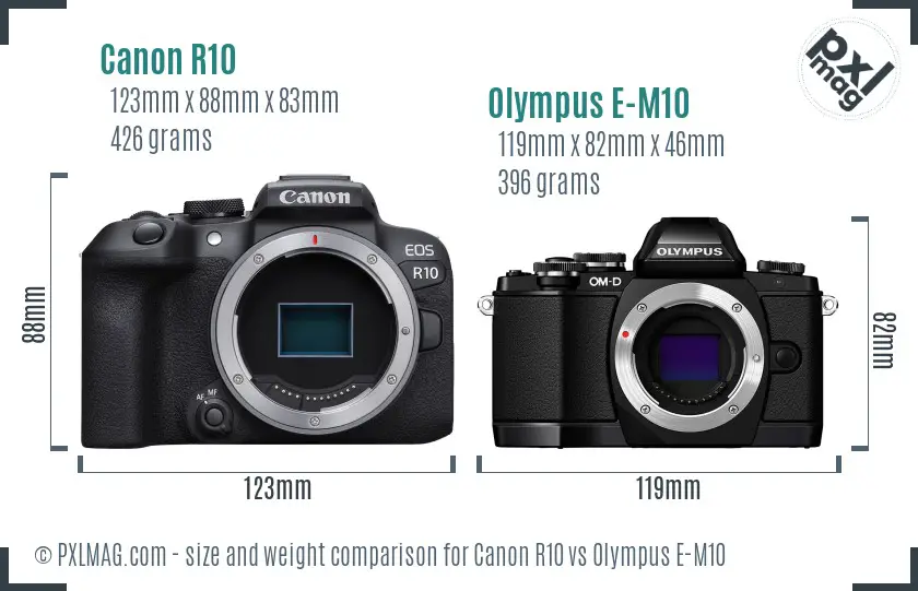 Canon R10 vs Olympus E-M10 size comparison