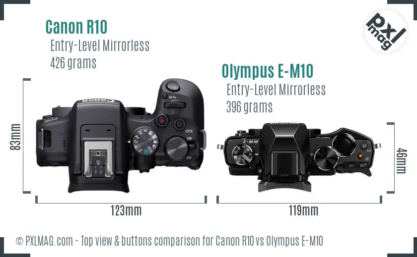 Canon R10 vs Olympus E-M10 top view buttons comparison