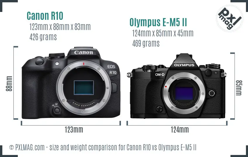 Canon R10 vs Olympus E-M5 II size comparison