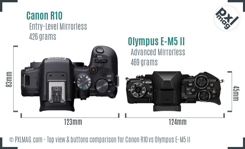 Canon R10 vs Olympus E-M5 II top view buttons comparison