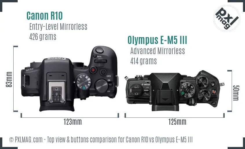 Canon R10 vs Olympus E-M5 III top view buttons comparison Canon R10 vs Olympus E-M5 III top view buttons comparison