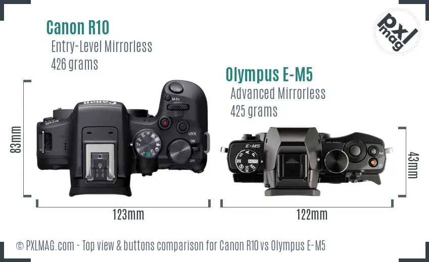 Canon R10 vs Olympus E-M5 top view buttons comparison