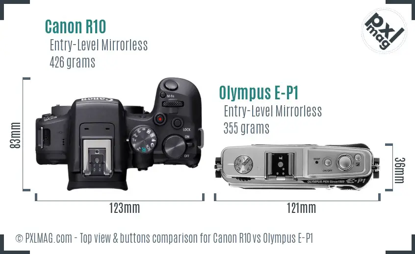 Canon R10 vs Olympus E-P1 top view buttons comparison Canon R10 vs Olympus E-P1 top view buttons comparison