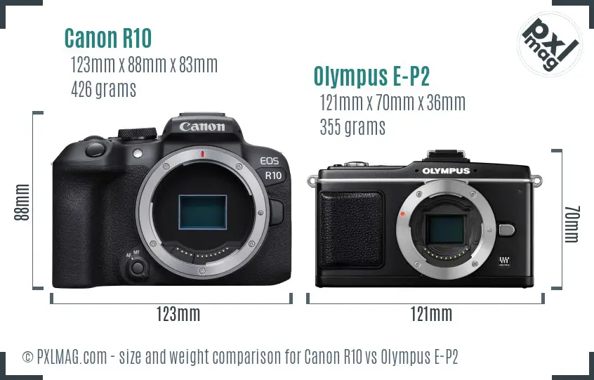 Canon R10 vs Olympus E-P2 size comparison
